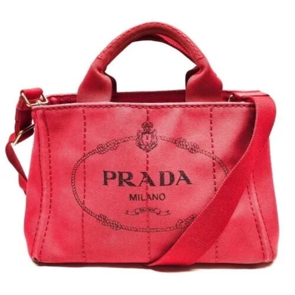 Prada Womens Canapa Signature Logo Tote Denim Shoulder Bag Red